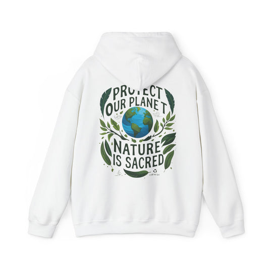 Eco hoodie, environmental hoodie, protect our planet, nature is sacred, earth lover apparel, sustainable fashion, climate change awareness, green living, eco-friendly clothing, graphic hoodie, unisex hoodie. Wear your commitment to the planet with our "Protect Our Planet, Nature Is Sacred" eco-conscious hoodie. This impactful design features a beautiful depiction of Earth encircled by lush green leaves and feathers, carrying a powerful message about environmental stewardship. It's more than just a hoodie; i